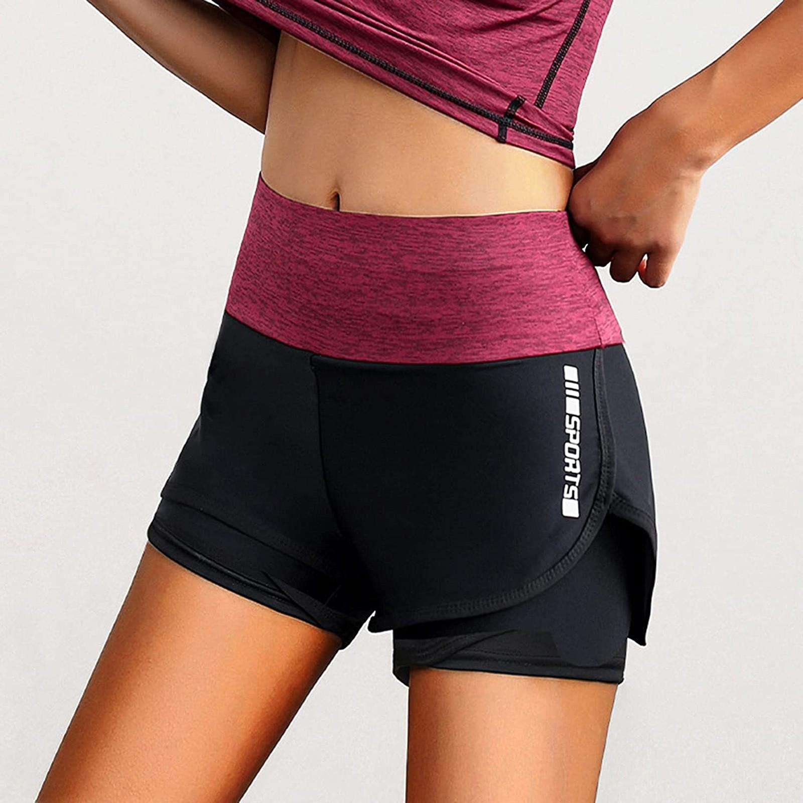 

Fashion Womens Loose Sports Casual Pocket Stretch Fake Two Pieces Yoga Shorts M винний