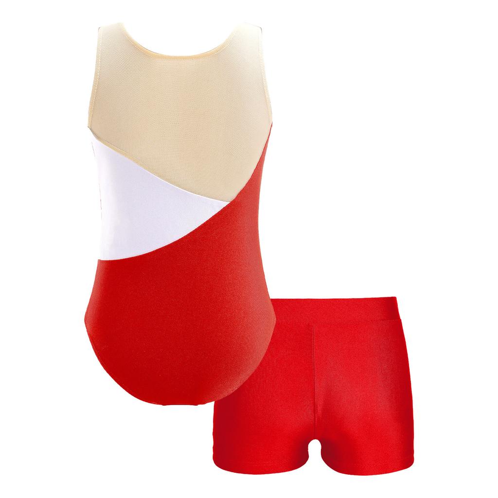 Girls Sleeveless Sequins Rhinestone Leotard Patchwork Design V Front Waistband Shorts Dance Set
