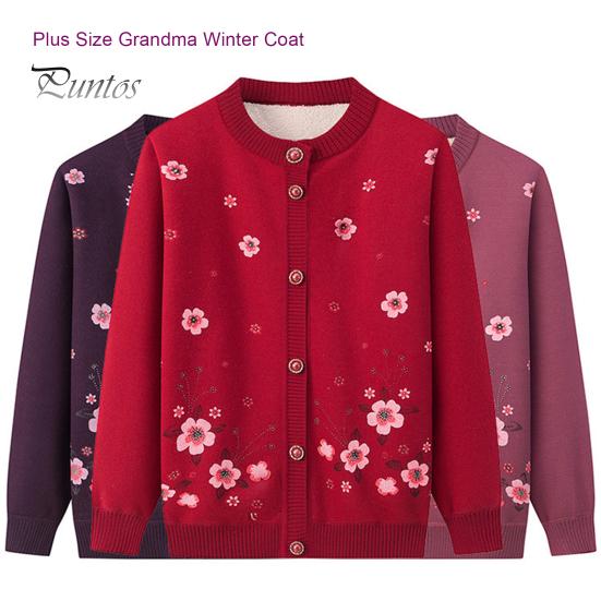 Single-breasted Mother Winter Sweater Coat Flower Print Cardigan Buttons Elastic Keep Women Warm Round Neck Plus Size Grandma Clothing