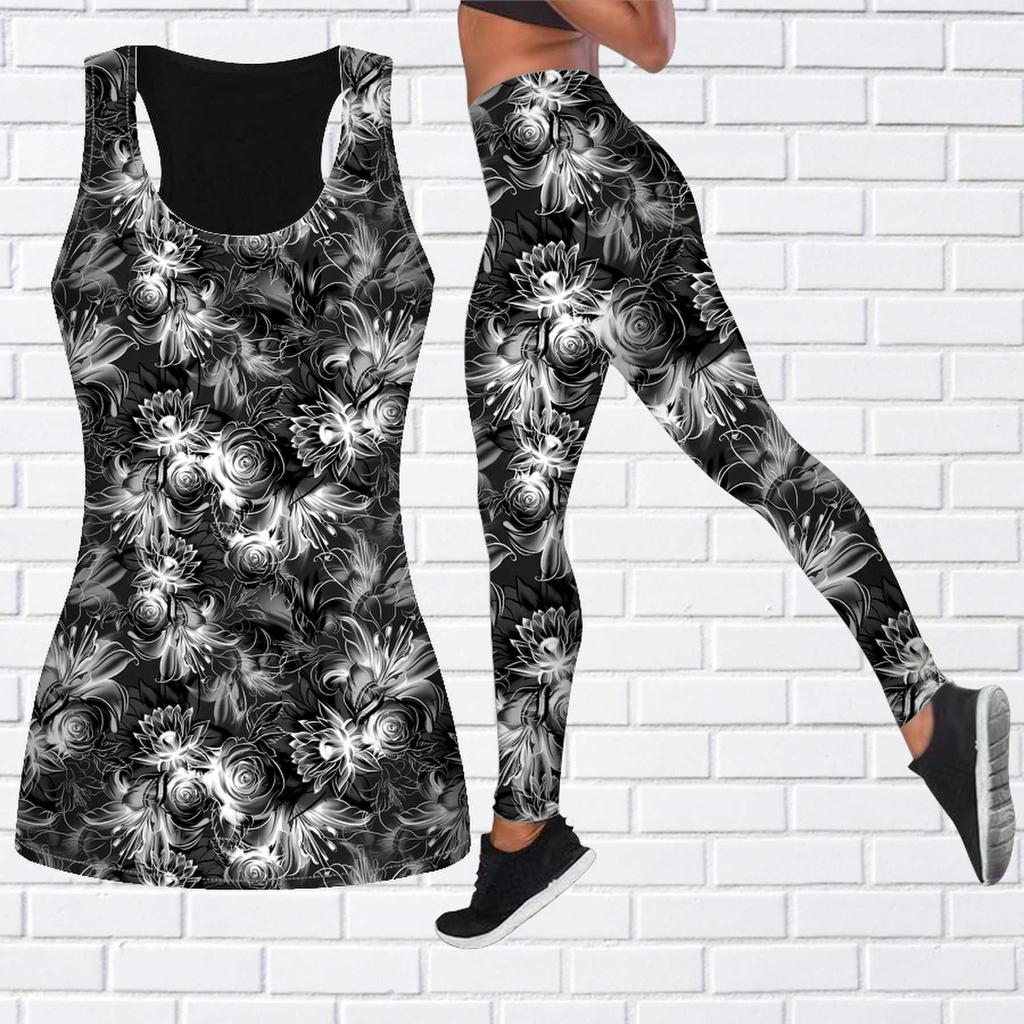 Flower Sea Rose Print Yoga Outfit for Women Fashion Workout Leggings Fitness Sports Casual Yoga Pants