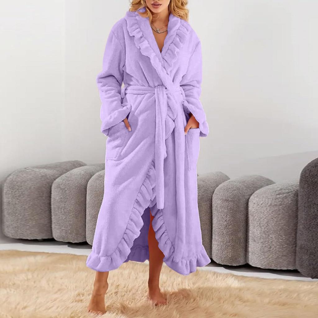 Women's Long Warm Nightgown Home Wear Solid Color Thick Bathrobe Close Fitting Pajamas