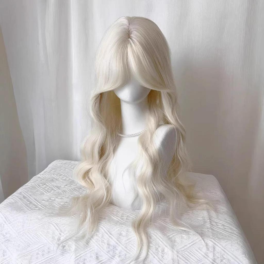 Milchweißes Goldfarbenes Langes Lockiges Haarteil mit Wasserwellen, Mittelscheitel und Acht-Zeichen-Pony - Natürlicher Lolita-Stil Vollhaarteil