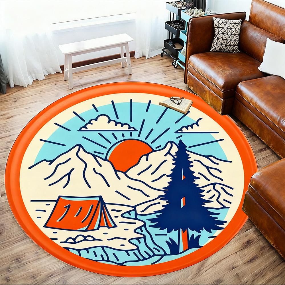 1pc Camping Mountain Round Chair mat office Area Rug - Non-Slip, Floor Mat for Office, Bedroom, Ideal home decor gift p0105049