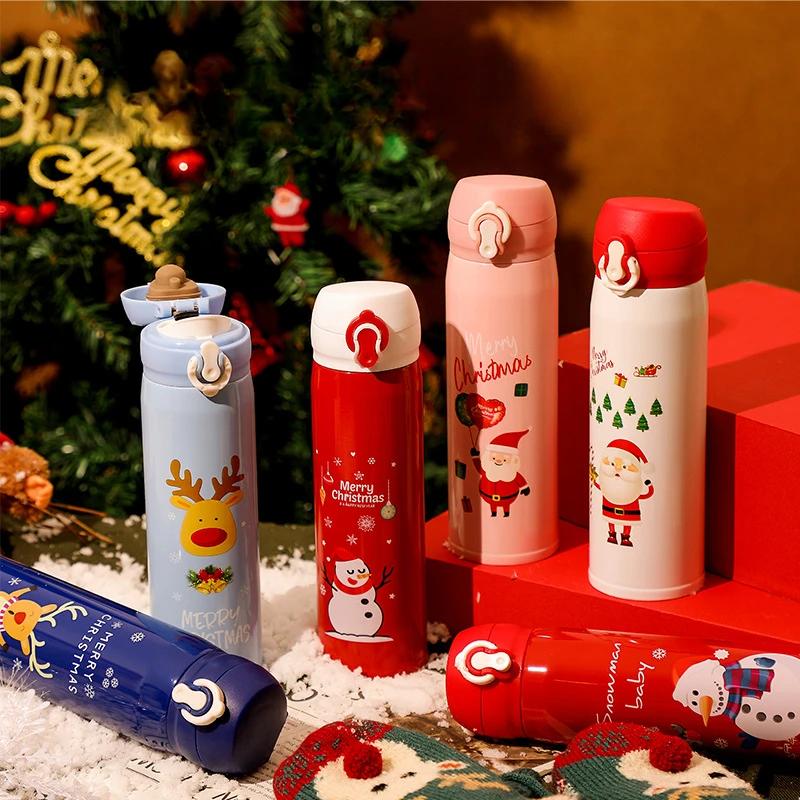 Stainless Steel Bouncing Straw Thermos Cup Vacuum Flask Insulated Water Bottles Christmas Elk Santa Cups Gifts for Kid Drinkware