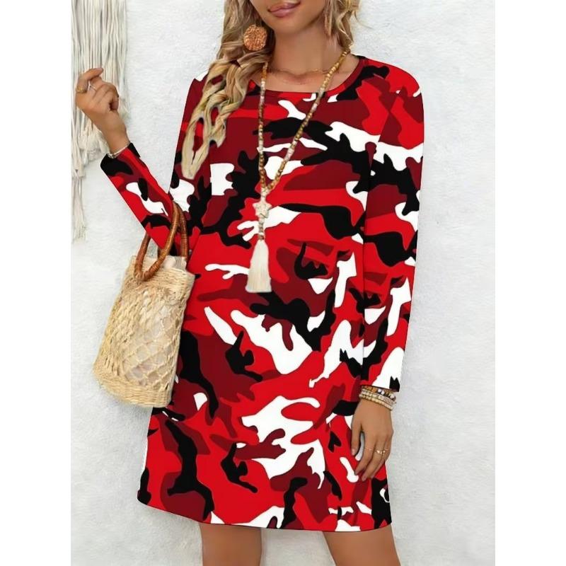 Ladies' Long Sleeved Round Neck Casual Mini Dress, 3D Retro Camouflage Printed Casual Vacation Dress