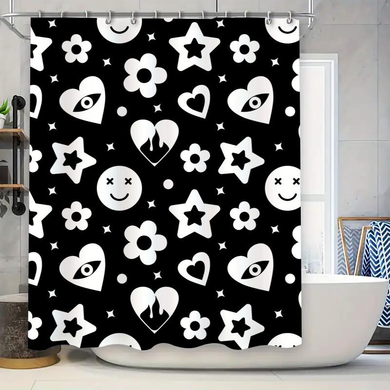 

Black White Pattern Shower Curtain Bathroom Decoration Waterproof Fabric with Hooks Set for Home Use would fit your criteria and 90x180cm