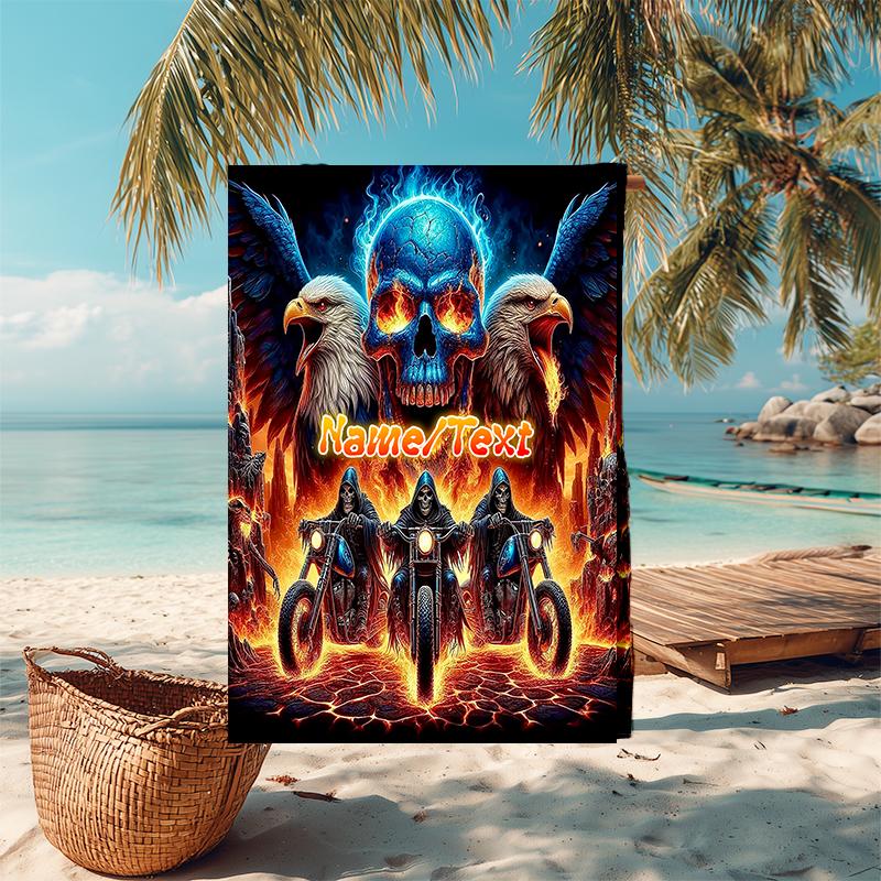1PC Custom Name Biker Spirit Fire Skull Beach Towel Highly Absorbent And Sand-Resistant Towel for Swimming, Pool, Yoga, And Travel Lightweight