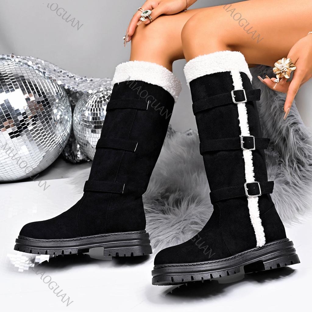Móda Zima Nové Teplé Sněhule Dámské Pohodlné Plyšové Bavlněné Boty Spona na Pásek Ke Kolenům Kožešinové Všívání Boty Dámské Boty s Tlustým Podpatkem