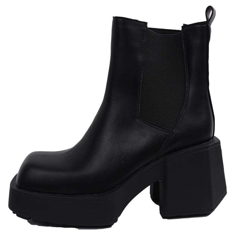 Fashion Four Seasons Block Heel Platform Single Boots Women's Square Toe Side Zip Anti-Slip Wear-Resistant Short Shoes