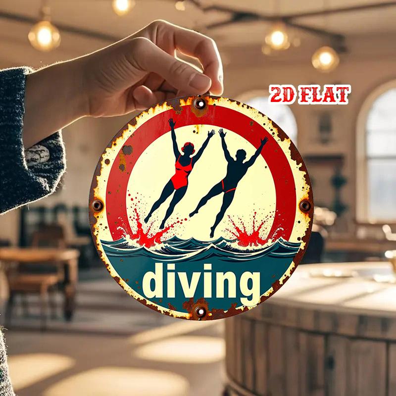 D Flat Round Aluminum Sign with a Diving Theme Featuring a Retro Design This Rustic Metal Wall Art Is Perfect for Sports