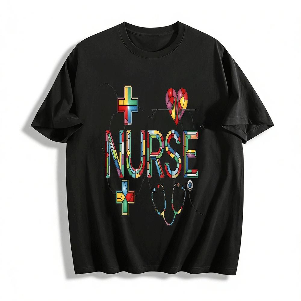 Stained Glass Style Nurse Print T-Shirt Medical Themed Top With Heart Pure cotton T-shirt XXS