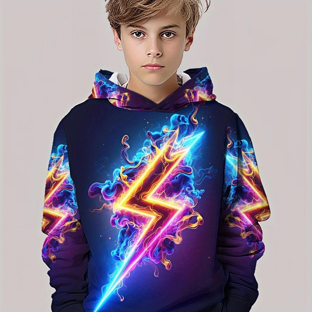 Colorful lightning pattern boys' hoodie, long sleeved pullover casual wear, cartoon fashion pullover