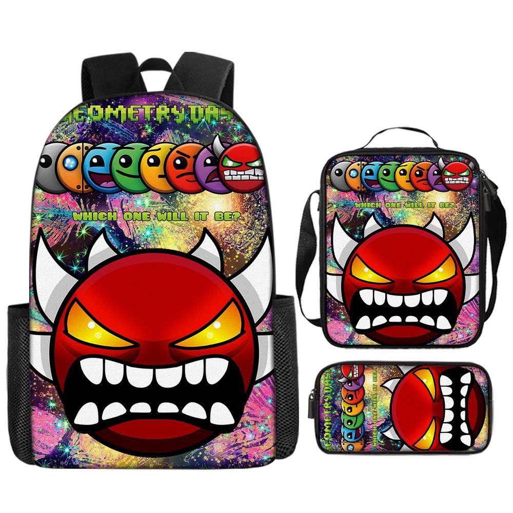 Cartoon Geometry Dash Kinder Schulrucksack mit Umhängetasche Federmäppchen Schultaschen für Jungen Mädchen Bestes Geschenk