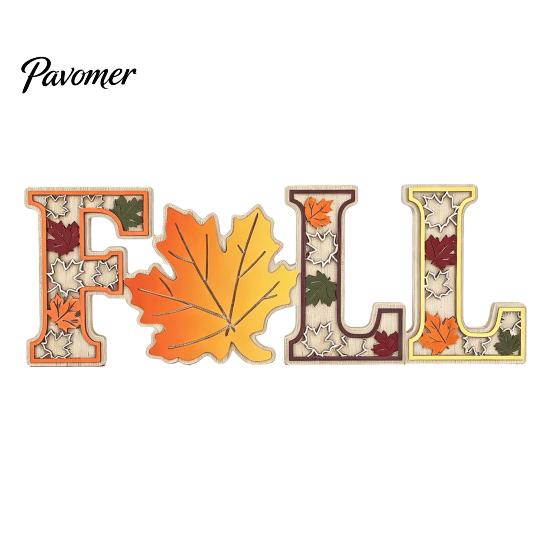Solid Wood Harvest Theme Signs 4Pcs/Set Fall Wooden Tabletop Signs, Autumn Maple Leaf Letter Decorations for Table Tiered Tray Fireplace Dining