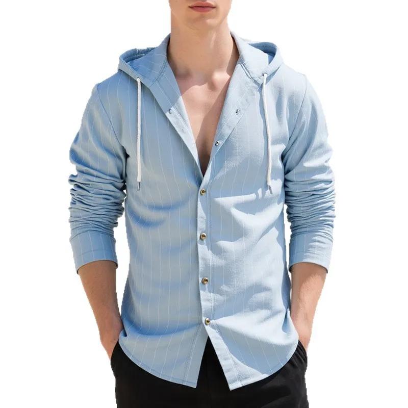 

Льняной кардиган на кулиске Модная свободная пляжная футболка Мужская повседневная рубашка с длинным рукавом в вертикальную полоску с капюшоном S синий