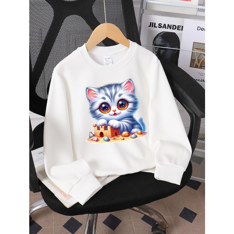 European sizes Girls' Crewneck Sweatshirt Cute Kitten Sand Castle Seashells Beach, Soft Comfy Sportswear for Children & Teens