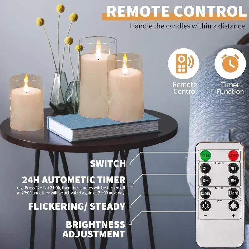 Led Electronic Candles Light Flameless Remote Timer Flickering Lamp Clear Acrylic Glass Battery Powered Wedding Party Christmas