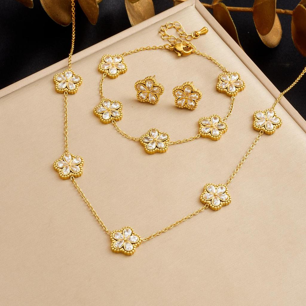 Gold-Plated Rhinestone Glass Flower Jewelry Set with Color Accents
