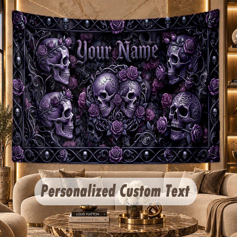 Skull Gothic (351) Theme Wall Tapestry Customized With Name Text Personalized Hanging Tapestry For Bedroom Living Room Decor