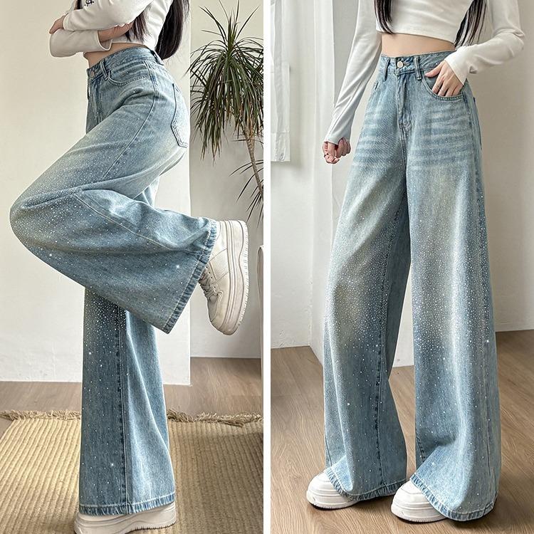 Women Korean Style Wide Leg Pants with All Star Rhinestones Fashionable and Versatile Floor Length Trousers