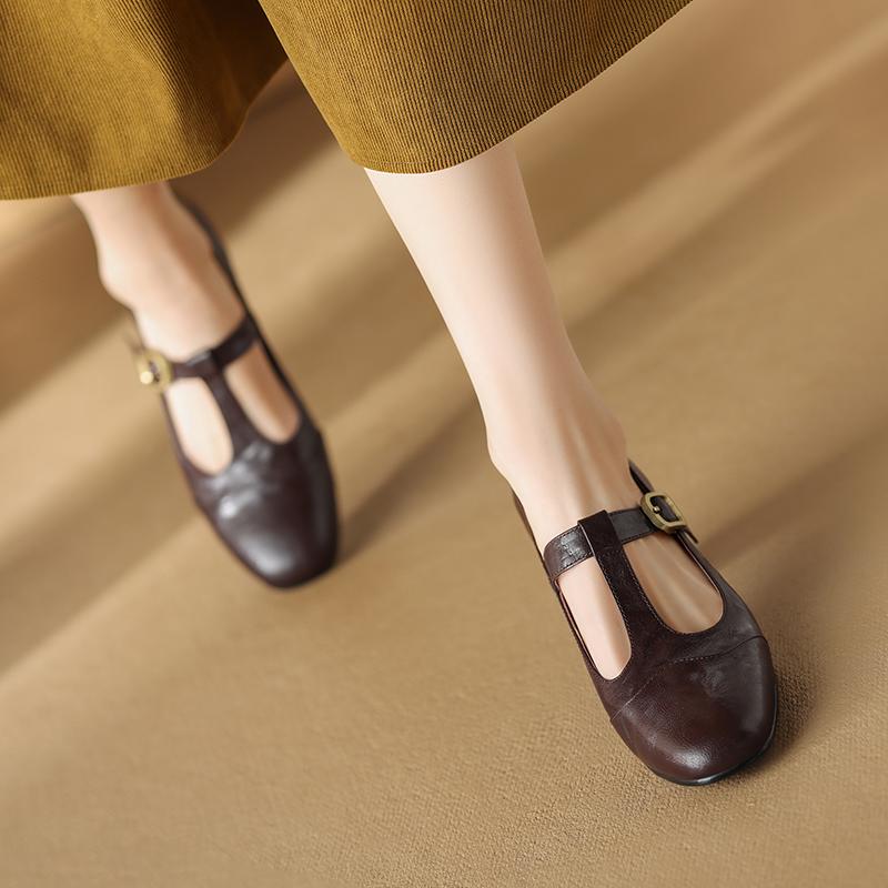 Fashion 2024 Spring Mary Janes Genuine Leather Women Shoes Square Toe Thick Heel Women Buckle Strap Commute Pumps Retro High Heels