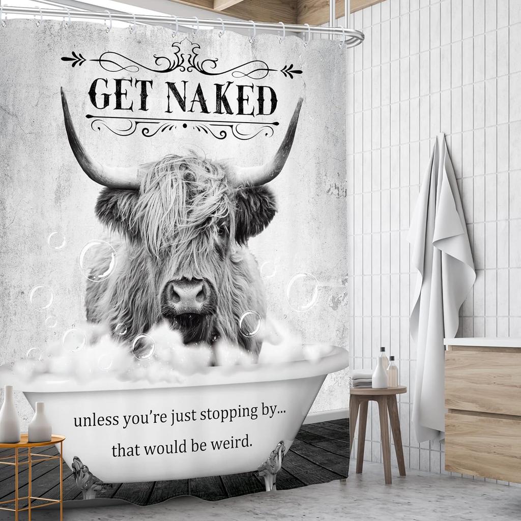 Rustiek Hooglandkoe Douchegordijn, Grappige Westerse Boerderijdier Kunst Vintage Landelijk Badkamer Decor, Waterdicht Polyester