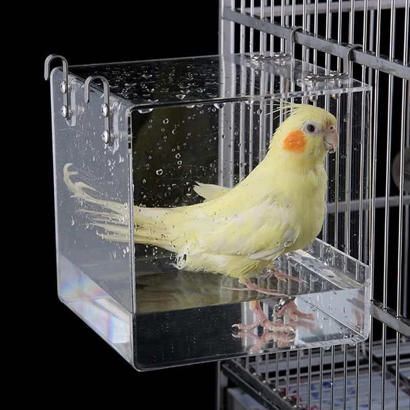 

Hanging Bird Bath Cube Bird Bathtub Bath Shower Box Bowl Cage Accessory for Little Bird Canary Budgerigar Parrots Crested Myna Cockatiel Lovebird 5.1 x 5.1 x 4.3 inch