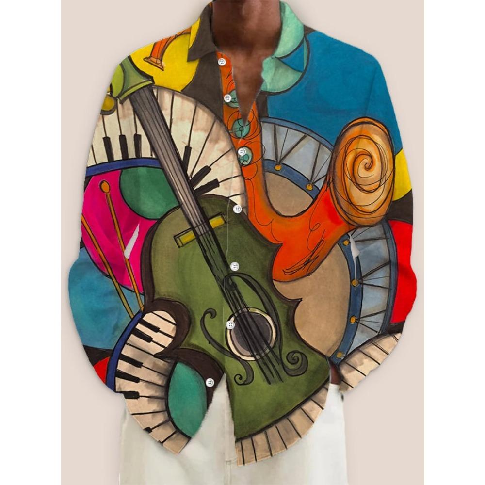 2024 New Men's 3D Art Painting Fashion Print Single Breasted Long Sleeve Shirt Casual Shirt Men's Loose Lapel Long Sleeve