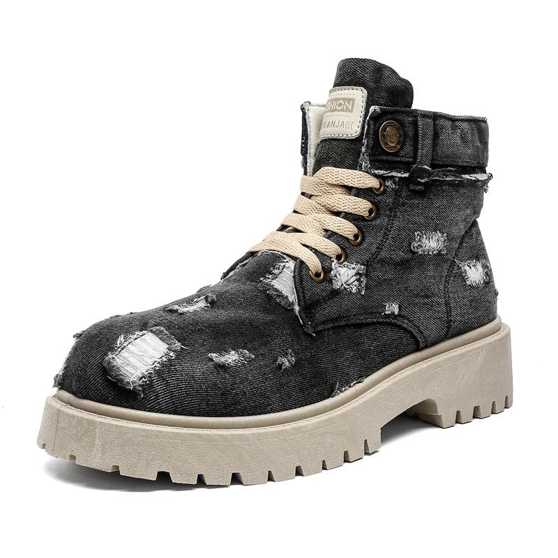 Fashion Blue Denim Men's Boot Autumn High Top Platform Cowboy Boots Man Original Casual Short Barrel Boots Men botas para hombre
