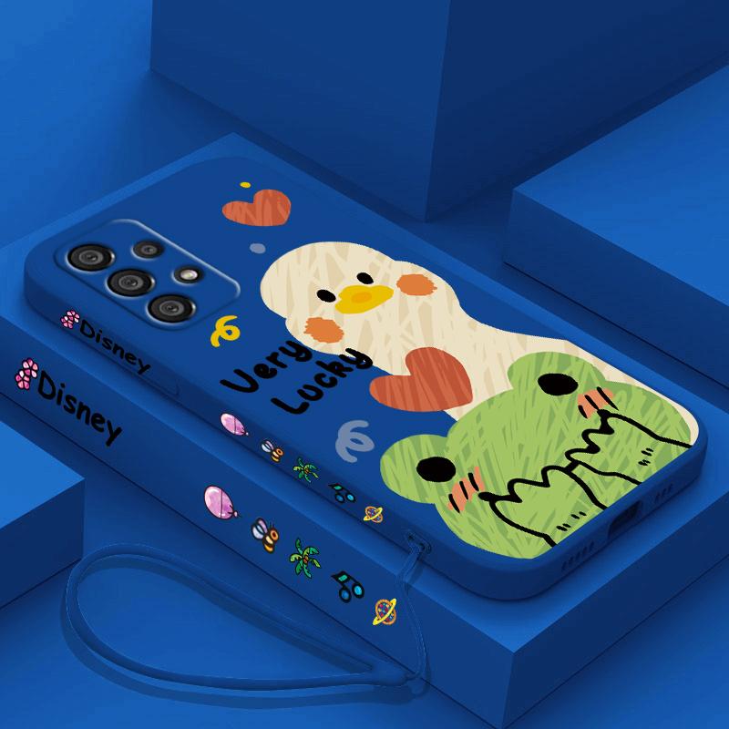 Duck With Sunglasses Cute Cartoon Phone Case For Samsung A73 A53 A33 A52 A32 A71 A51 A21S A50 A30 5G Liquid Left Rope Soft Cover