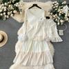 Sweet French Style Cloak Sleeves Print Set Cardigan Lace Patchwork Slim Ruffles Dress Pleated Knit Fungus Fur Suit Mujer