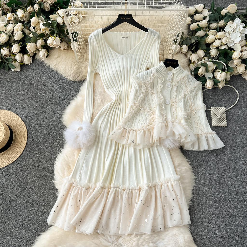 Sweet French Style Cloak Sleeves Print Set Cardigan Lace Patchwork Slim Ruffles Dress Pleated Knit Fungus Fur Suit Mujer