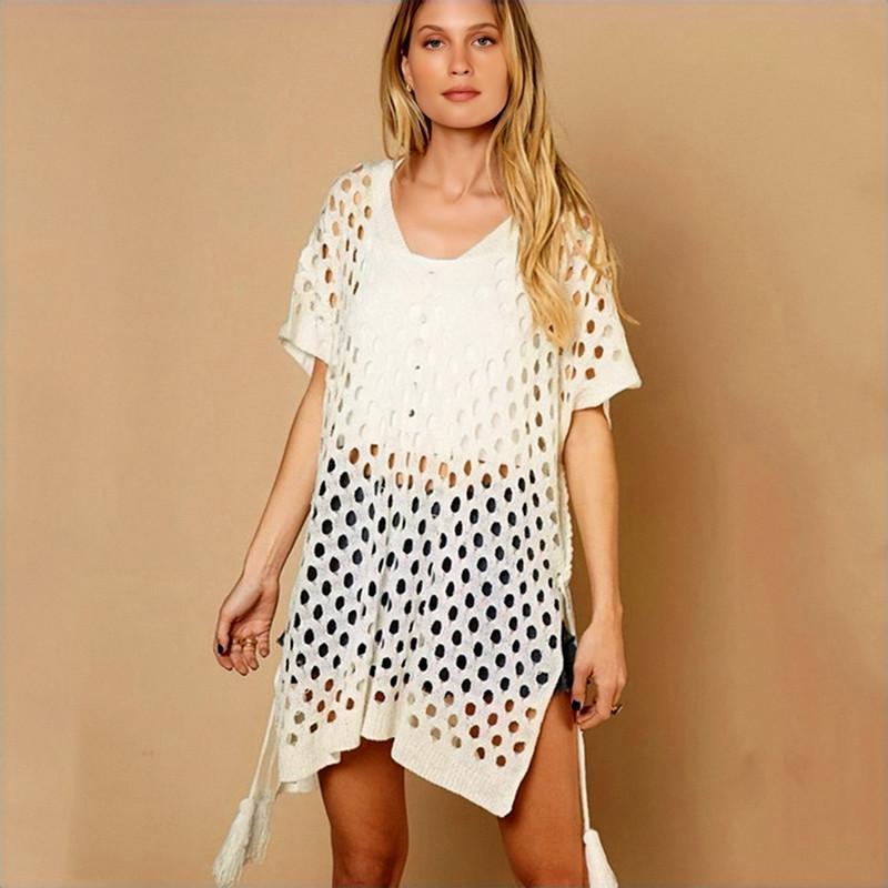 

2024 Повседневный белый трикотажный бикини Cover Up Сексуальный вырез с бахромой на шнуровке Мини-платье Плюс Размер Женская пляжная одежда Купальник Cover Up Q1395 One Size бежевый