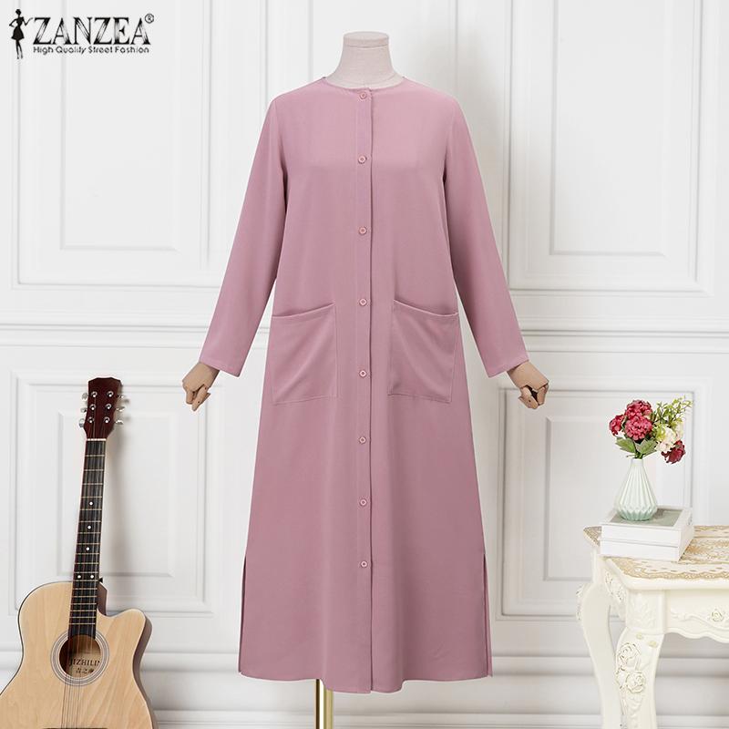 

ZANZEA Женское повседневное длинное платье в стиле ретро с круглым вырезом и длинными рукавами L жёлтый