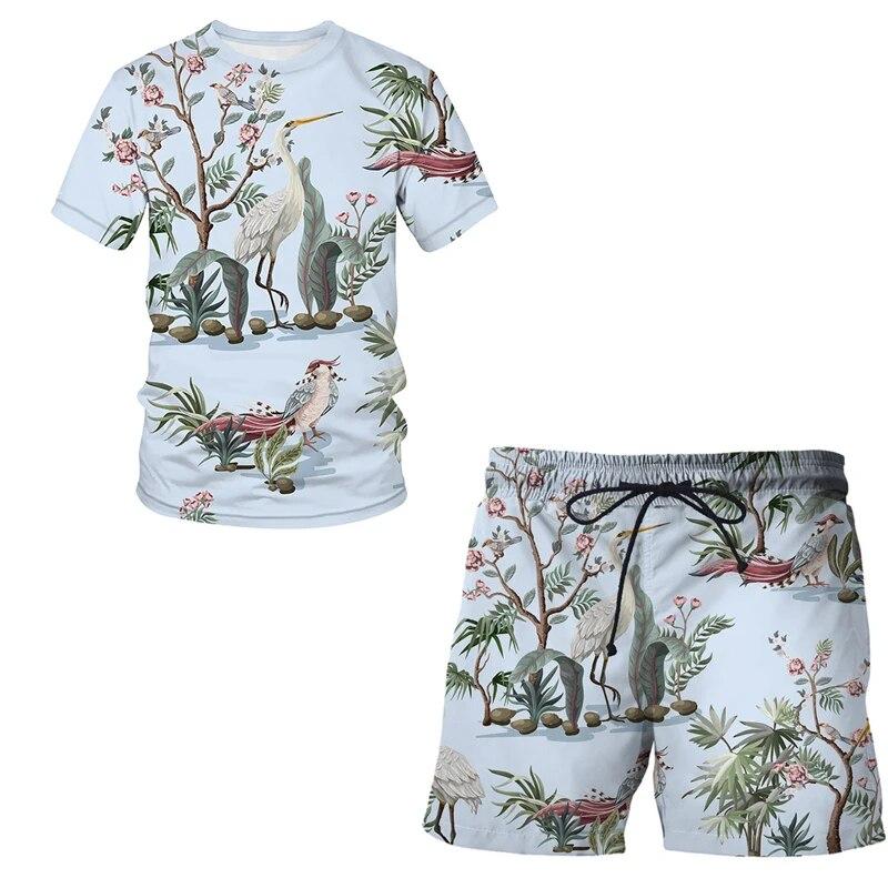 

Эстетическая птица и растение с 3D принтом, мужские футболки с круглым вырезом, повседневная футболка, шорты, комплект из двух предметов, модная летняя мужская одежда 4XL