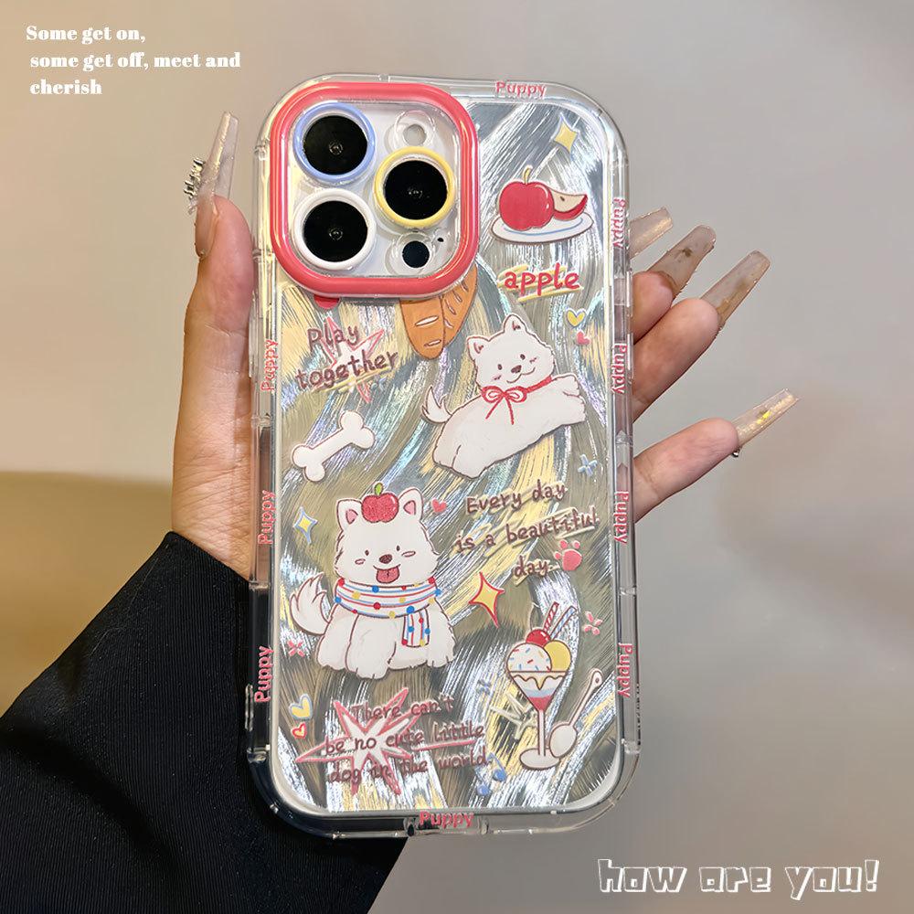 

Applicable To Apple 16 Silver Fine Hole Feather Yarn Mobile Phone Case Apple 13pro Cute Puppy Lens Full Cover Protective Case iPhone16PROMAX