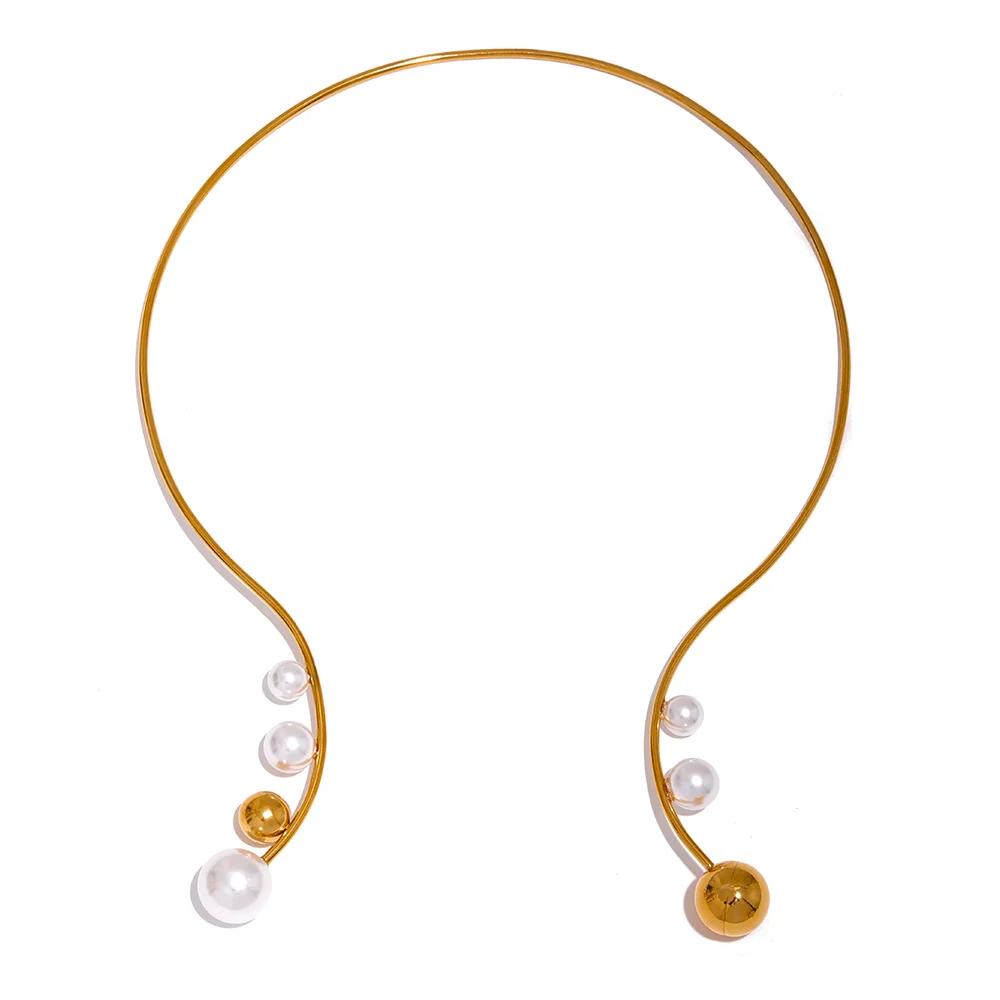 

Yhpup Fashion Imitation Pearl Torques Golden Stainless Steel Open Choker Statement Necklace for Women New Chic Jewelry Gift