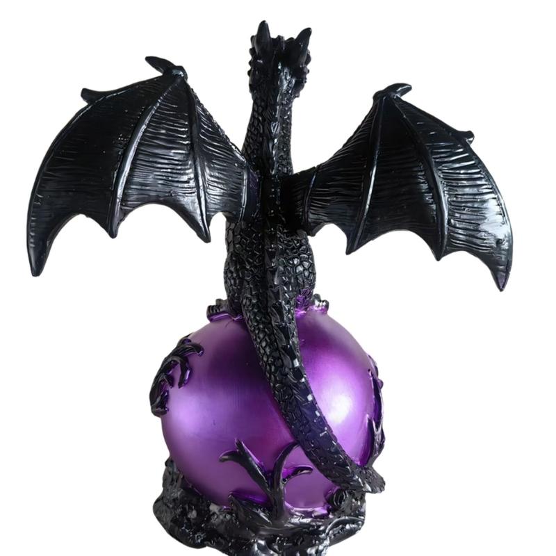 Dragon Figurine Lamp for Shelf Placement and Desk Display, Fantasy Statue Form, Lighted Sphere, Black Finish, Collector Item, Bedroom Use