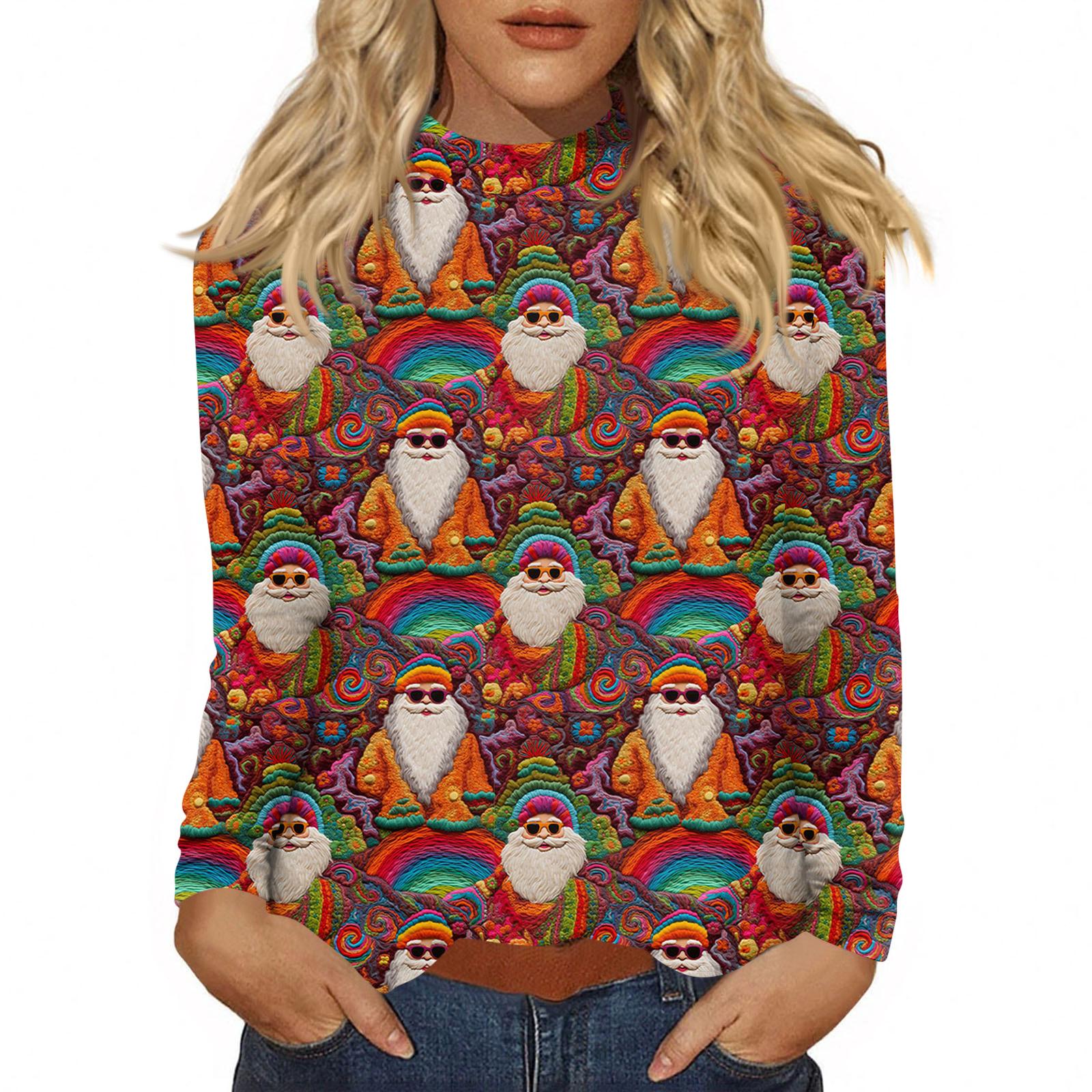 

Women Fall Casual Long Sleeve Shirts Sweatshirt Vintage Printed High Neck Top Pullover XL