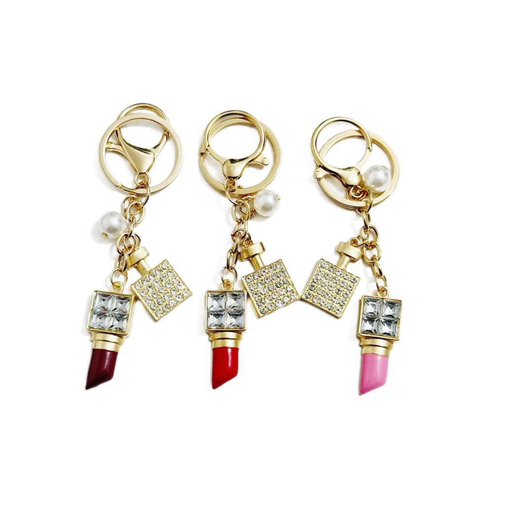 Rhinestone Perfume Bottle Lipstick Pearl Keychain Charm