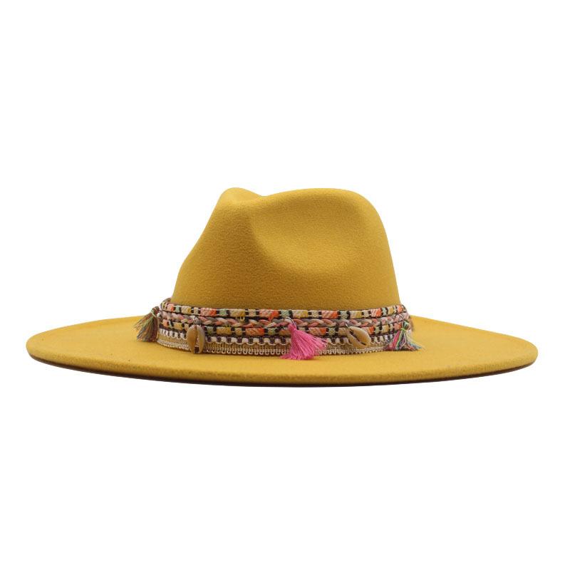 Autumn and Winter Retro Woolen Top Hat Women's New Ethnic Style Jazz Hat European and American Bell-shaped Hip-hop Cm Big Brim Felt Hat