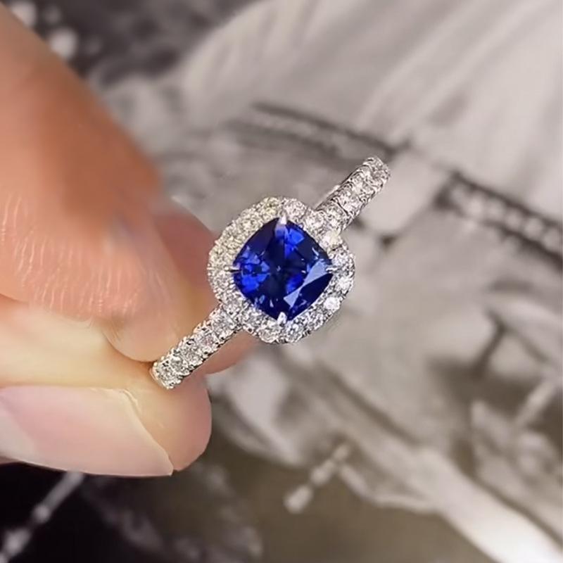 Longlong Gold Jewelry Royal Blue Square Ring Band Women’s S925 Silver Simple Engagement Ring