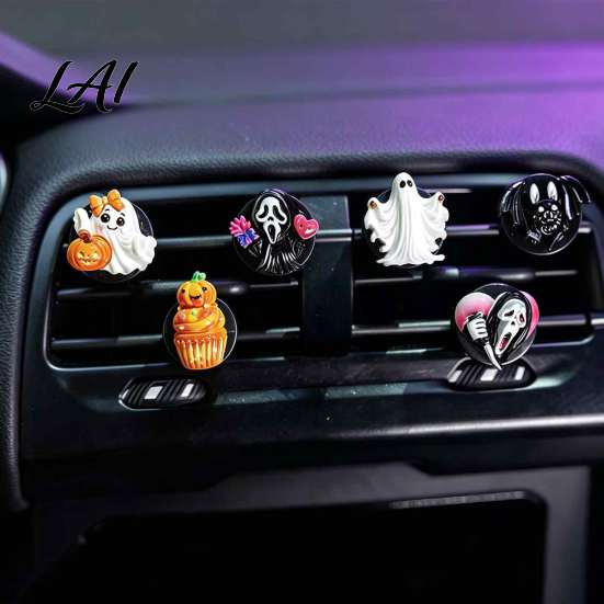 Halloween Car Air Freshener Vent Clips 6 Pcs Clips Cute Pumpkin Ghost Grim Reaper Bat Resin Skeleton Ornaments Charm Automotive Conditioning Outlet