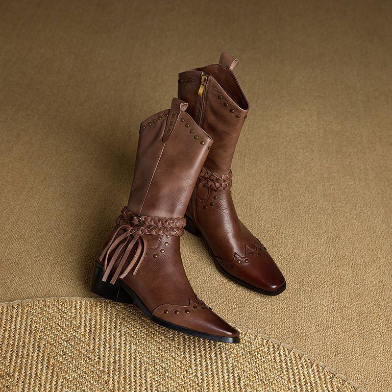 

Tassel Rivet~ Square Head V-mouth Western Cowboy Boots Women s 2025 Autumn New Maillard Brown Medium Knight Boots 42