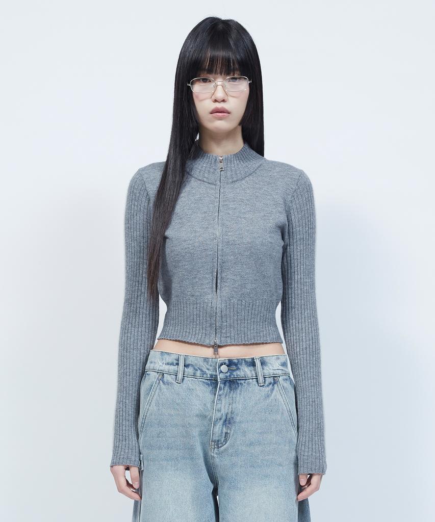 LMR Hairy Lettering Track Crop Knit Zip-Up Grey