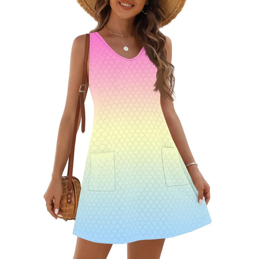Women's Fashion Casual Summer Cuffless Pocket V-neck Gradient Print Dress Beach Sundress