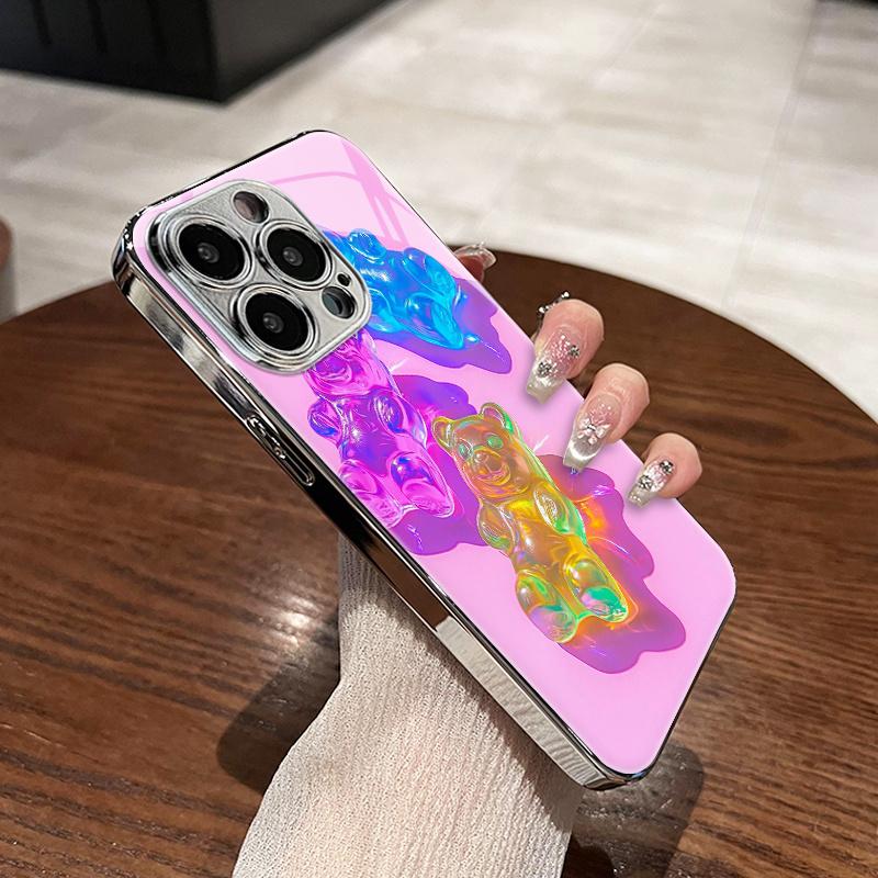 Colorful Gummy Bear Patterned Glass Electroplated Phone Case  for Iphone 16 16Pro 16Promax 16Plus 15 15Plus 15Pro 15Promax