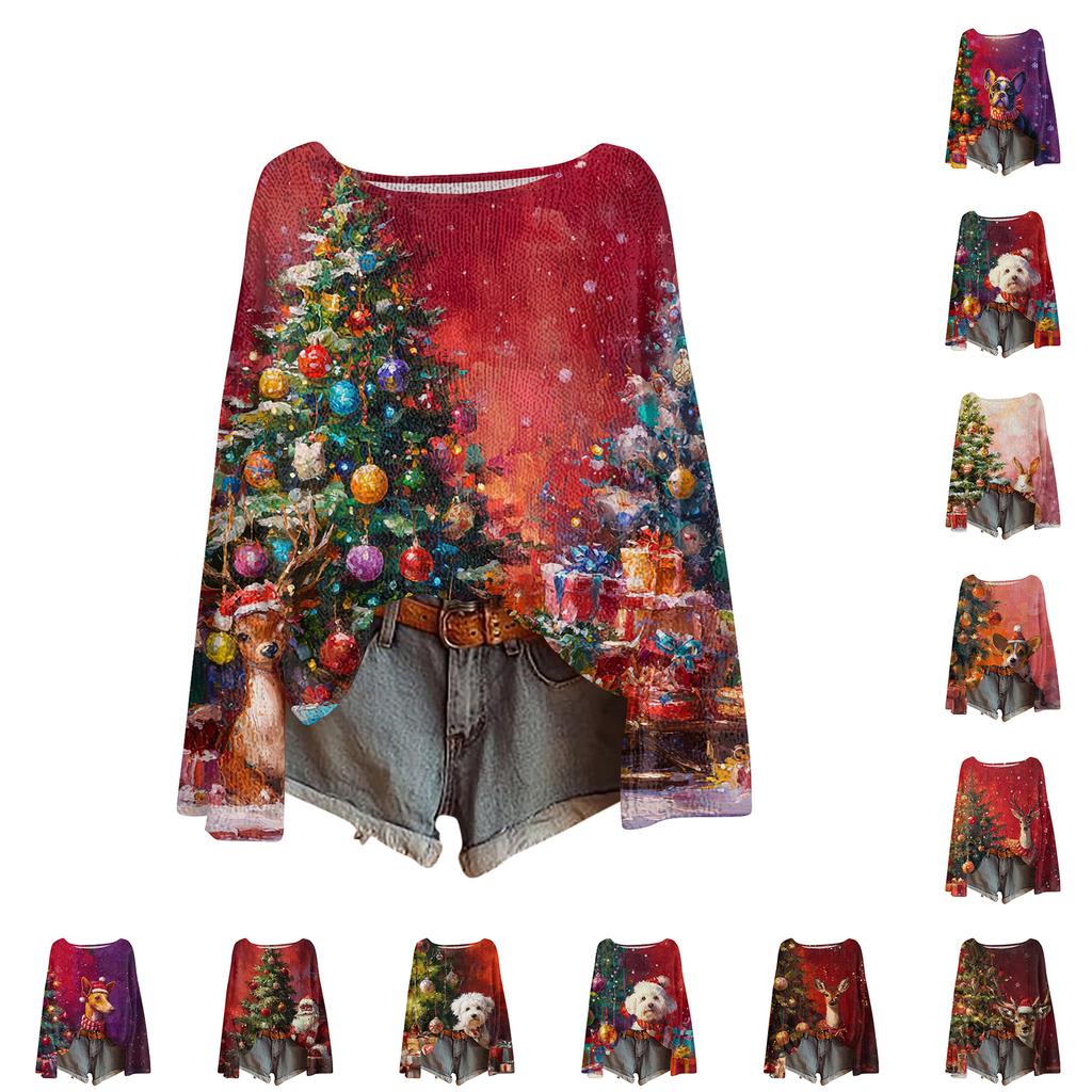 Women's Casual Fashion Round Neck Top Christmas Print Long Sleeve Knit Pullover