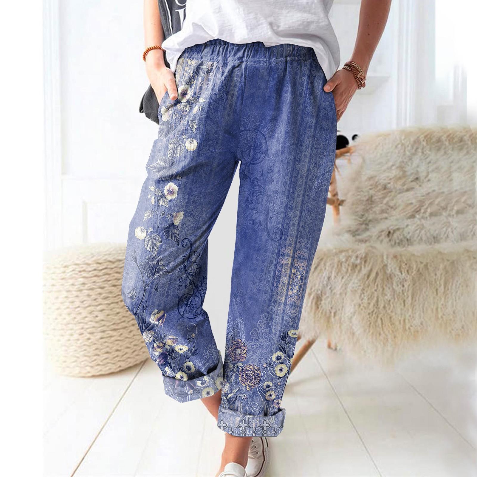 

Women s Casual Fashionable Striped Linen Casual Pants With Pockets S синий