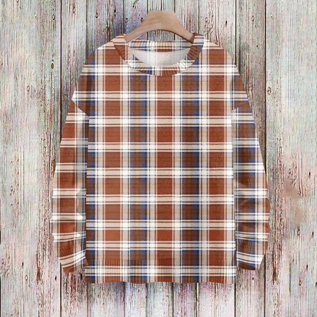 Women's Fashionable Casual Long-sleeved Checkered Printed Round-neck Sweater Knitted Top